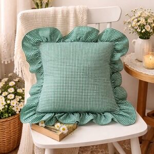 JCPenney Home Collection Pillow Sham Green Gingham Ruffle Checkered Vintage